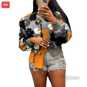 Cropped Fleece Bomber Jacket Long Sleeve Sherpa Floral Printed Varsity Coat
